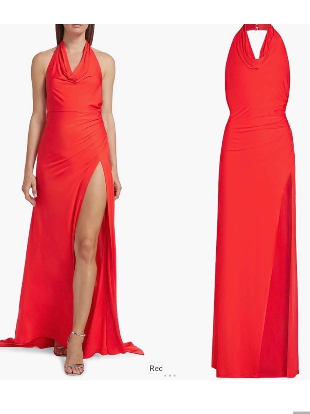 Staid Red Halter Cowl Neck Evening Gown. New with tags